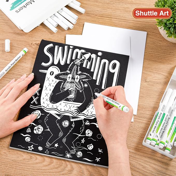 Shuttle Art White Paint Pens, 40 Pack Fine Tip Acrylic Pens, Water-Based Quick Dry Markers for Rock, Wood, Metal, Plastic, Glass, Canvas, Ceramic