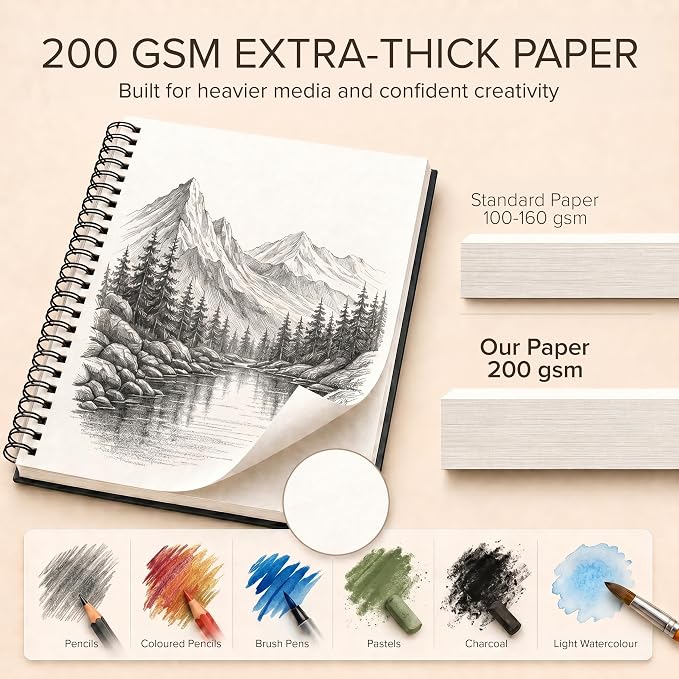 Artist’s Sketchbook Hardcover – 200GSM Very Thick Paper – Spiral Sketch Book for Drawing and Mixed Media – Sketch Pad, Art Book - 5.8 x 8.5, 40 Sheets / 80 Pages