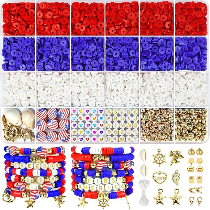 Redtwo 4th of July Red White and Blue Clay Beads Bracelet Making Kit | with Letter Beads, Patriotic Beads for Jewelry Making for Independence Veterans Day Party Favors, DIY Gifts with America Flag