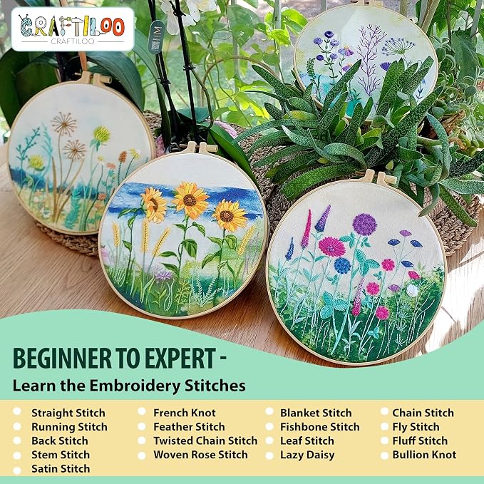 Embroidery Kit for Beginners Adults - 4 Floral Patterns, Learn 17 Stitches