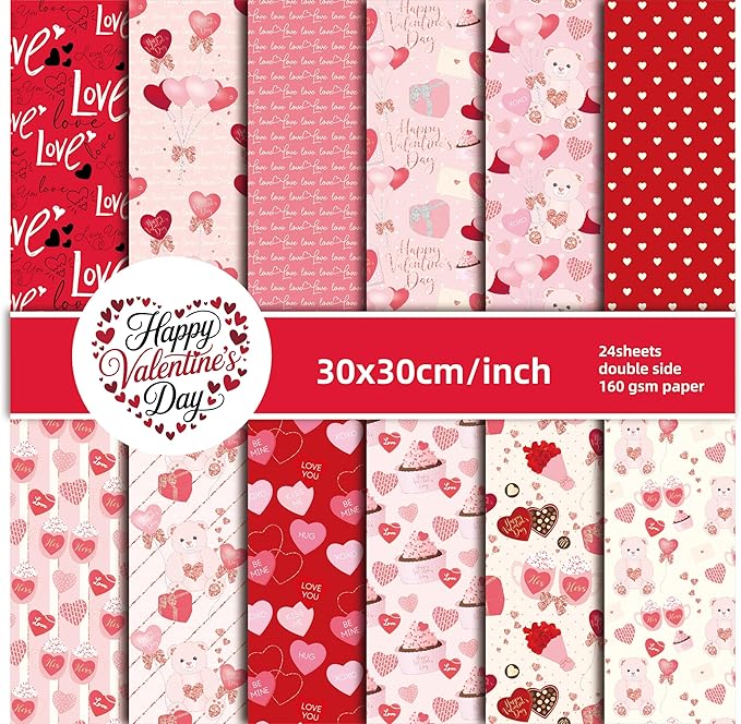 Valentine's Day Scrapbook Paper Pad Pink Red Love Heart Patterned Paper 12×12，24 Sheets Scrapbook CardStock Papers Pad for Holiday Cardmaking DIY Origami Decorative Craft Papers.
