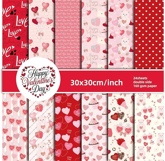 Valentine's Day Scrapbook Paper Pad Pink Red Love Heart Patterned Paper 12×12，24 Sheets Scrapbook CardStock Papers Pad for Holiday Cardmaking DIY Origami Decorative Craft Papers.