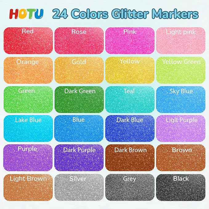 HOTU Glitter Paint Pens, 24 Assorted Sparkly Colors 0.7mm Extra Fine Tip
