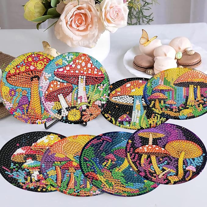 8 Pcs Diamond Art Coasters Kits, Mushroom Diamond Painting Coasters Kits