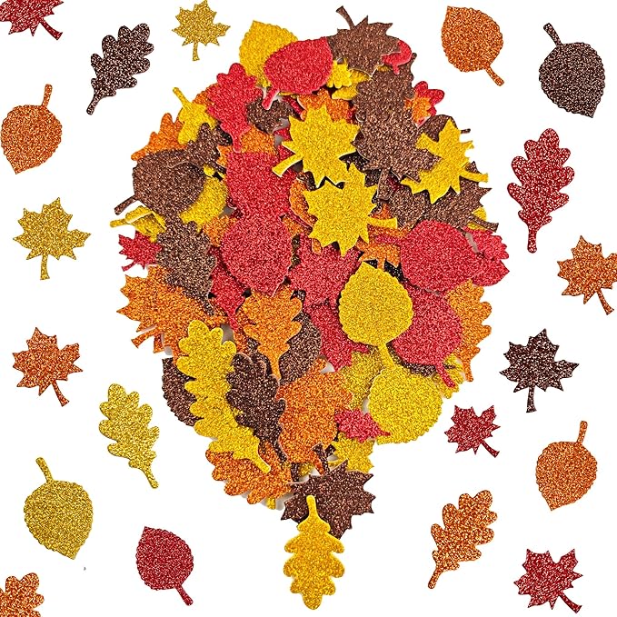 Fall Crafts for Kids - Maple Leaf Glitter Foam Stickers | 138 PCS Self Adhesive Fall Stickers - Thanksgiving Crafts Games for Kids -Friendsgiving Party Supplies Favors for Halloween Gifts