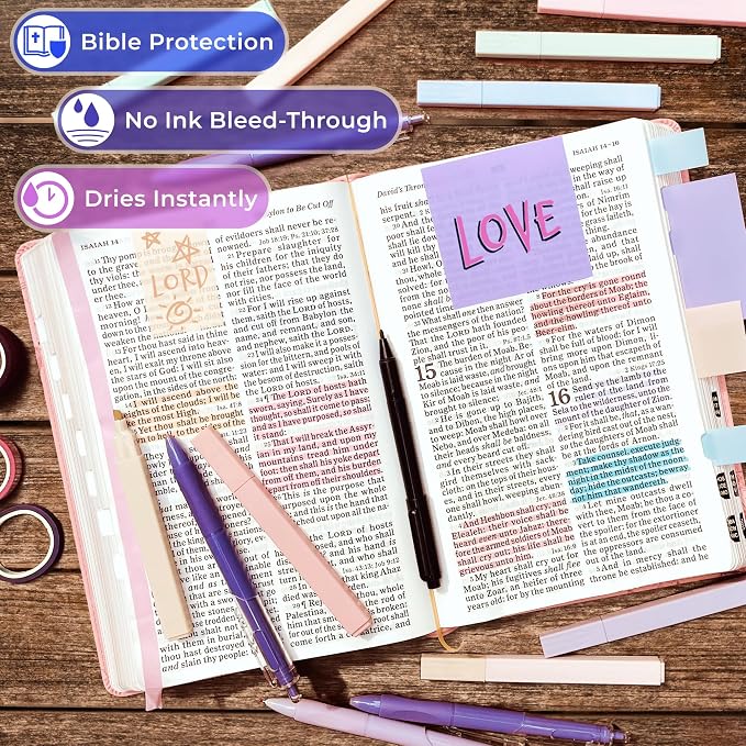 48 Pcs Bible Study Supplies for Women, Bible Journaling Kit Includes Bible Pencil Case, Tags, Pens, Highlighters, 4 Color Clear Sticky Notes, Notebook, 15 Clips, 4 Rolls of Washi Tape & More (Purple)