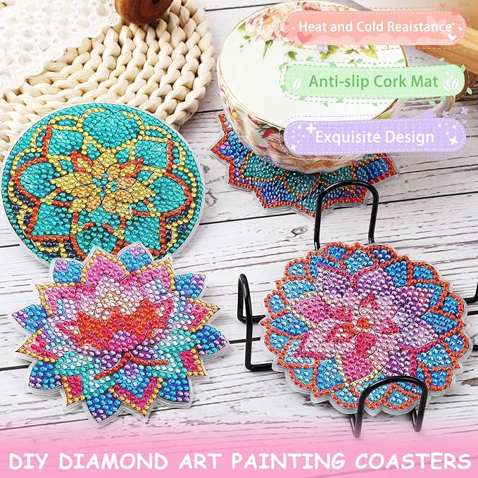 UPINS 8Pcs Lotus Diamond Art Painting Coasters Kits with Holder, Diamond Art Non Slip Coaster Kits DIY with Holder Crafts for Adults Diamond Art Painting Kits Supplies for Holiday Gift