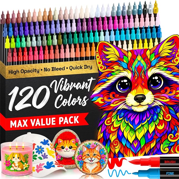 ARTISTRO 120 Dual-Tip Acrylic Paint Marker Pens for Drawing | For Fabric, Rock, Glass, Wood, & Molds, Arts & Crafts Gift for Adults, Teens, & Kids, Classroom Must Haves & School Supplies