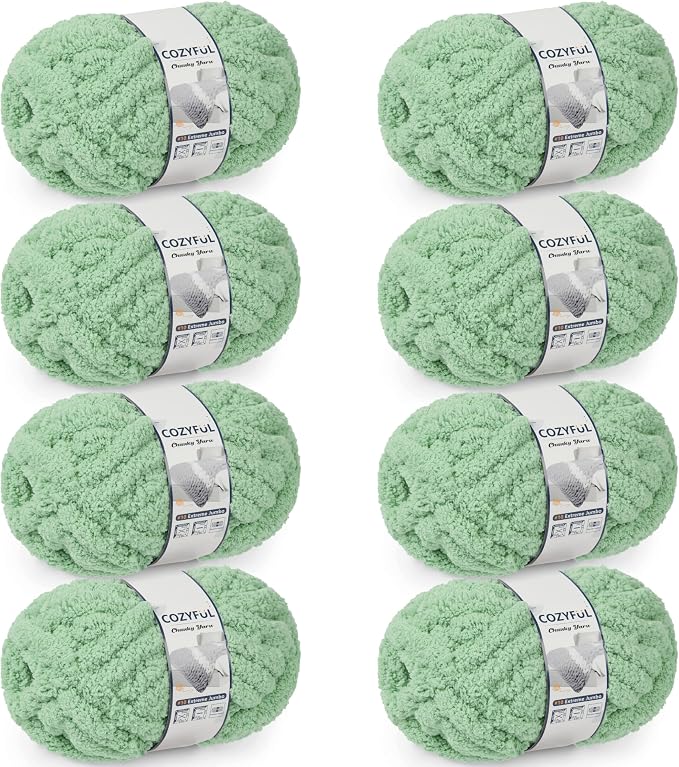 Cozyful Chunky Yarn for Hand Knitting - #10 Chunky Chenille Yarn, Jumbo Big Thick Chunky Yarns for Crocheting, Super Bulky Chunky Knit Blanket Yarns, 8 Skein (22 yds 8 oz Each Skein), Soft Sage Green
