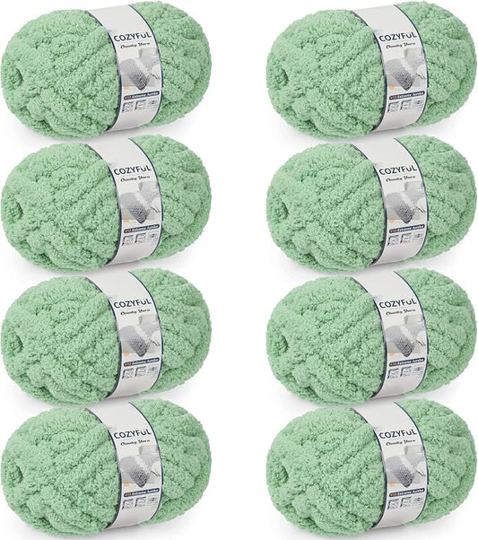 Cozyful Chunky Yarn for Hand Knitting - #10 Chunky Chenille Yarn, Jumbo Big Thick Chunky Yarns for Crocheting, Super Bulky Chunky Knit Blanket Yarns, 8 Skein (22 yds 8 oz Each Skein), Soft Sage Green