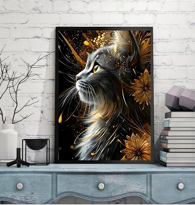 Black Cat Diamond Art Kits for Adults, 5D Diamond Painting for Adult Beginners, DIY Full Drill Round Gem Painting Dot Art for Adults, Home Wall Decor 11.8x15.7 Inch