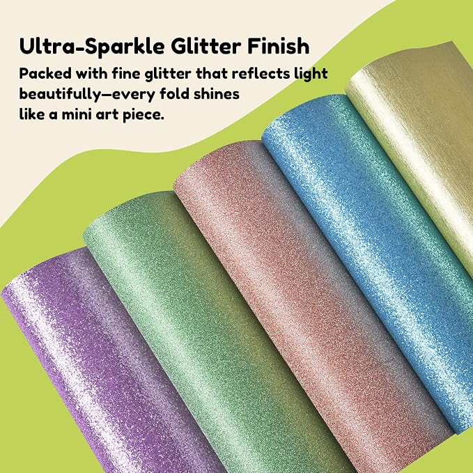 JoyCat Pastel Glitter Origami Paper, 50 Sheets, 5 Colors, 6x6 Inch | Five soft glitter colors add delicate shimmer to origami, party decor, gift accents, journaling and romantic paper crafts.