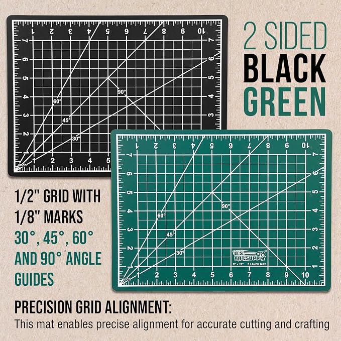 U.S. Art Supply 9"x12" Self-Healing Cutting Mat 5-Ply (2 Pack) Green/Black | Double-Sided Green/Black Craft Mat, Non-Slip Cutting Mats for Crafts, Sewing, Quilting, Scrapbooking