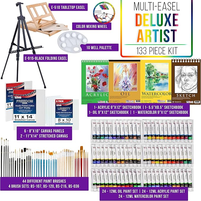 U.S. Art Supply 133-Piece Artist Painting Kit - Aluminum & Wood Easel | 24 Each (Acrylic, Oil, Watercolor Paints), 8 Canvases, 44 Brushes, 4 Paint & Sketch Pads - Painting Kits for Adults, Gift Set