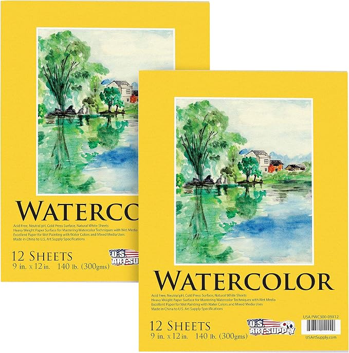 U.S. Art Supply 9" x 12" Premium Heavyweight Watercolor Paper Pad, 2-Pack