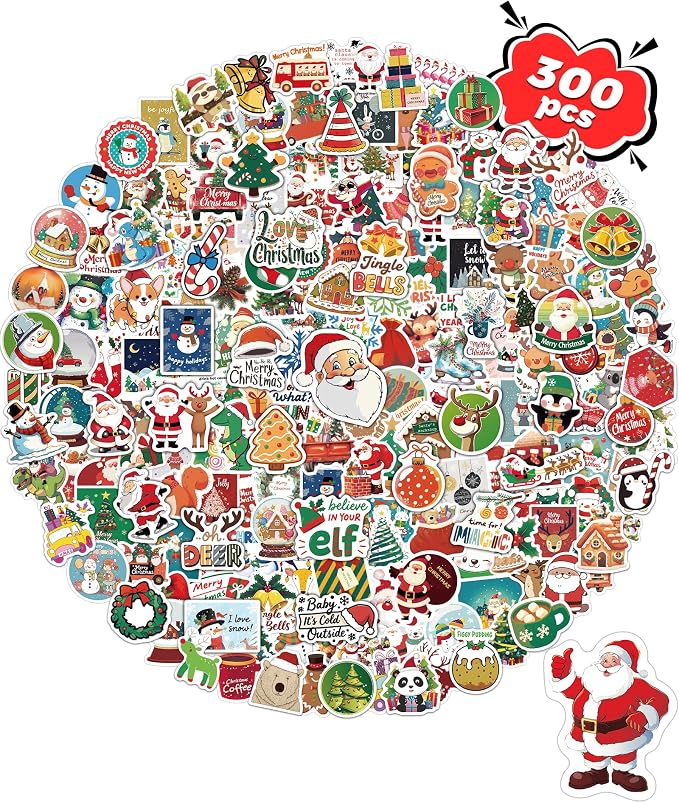 300 PCS Christmas Stickers for Kids, Party Favors Stocking Stuffers Gifts | Bulk Christmas Classroom Gifts, Holiday Sticker for Kids Teens Adults, Vinyl Water Bottles Stickers, Xmas Crafts Treats