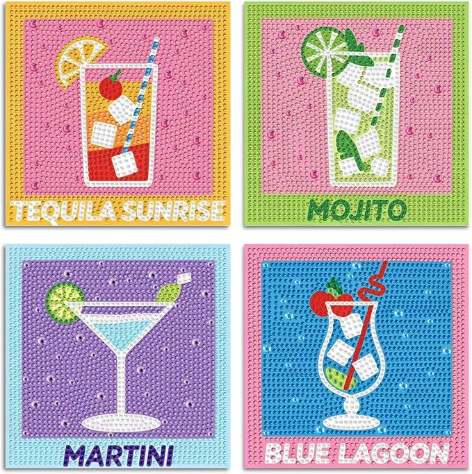 ICYANART 4 Set Cocktail Diamond Art Kits Diamond Art Paintings Gem Painting | Cocktail Diamond Painting Kits for Adults Beginners, Small Diamond Art Kits for Gift and Home Wall Decor 6x6inch