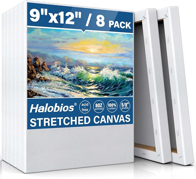 Halobios Stretched Canvases for Painting, 8 Packs 9X12 Inch Canvases for Acrylics,Oils & Other Painting Media, 5/8 Inch Profile 100% Cotton Primed Artist Framed Canvas