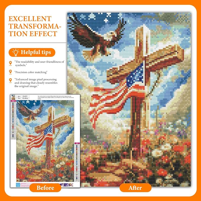 Diamond Art Kits for Adults, Flag Cross DIY Diamond Painting for Beginners | 12x16 Inch, Full Drill Round Dots, Religious Christian 5D Gem Art Craft Kits, Home Decor, Stress Relief Relaxing Hobby Gift