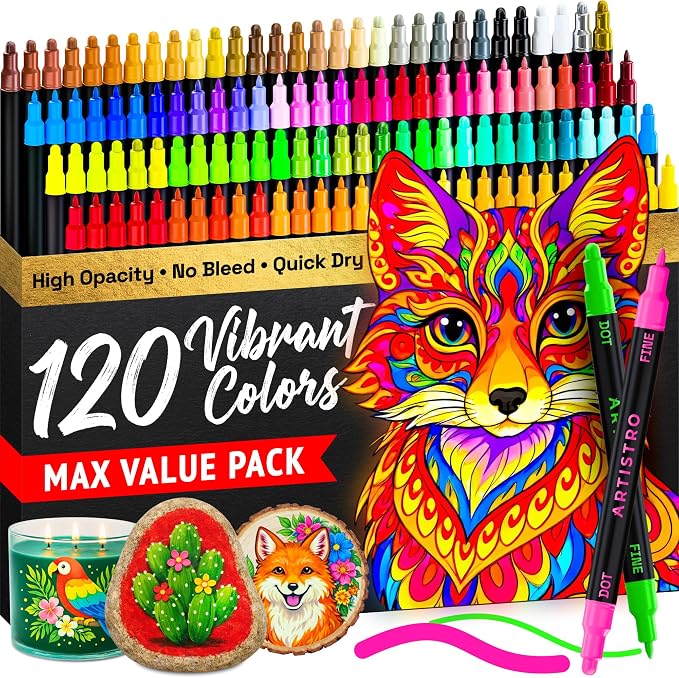 ARTISTRO Dual-Tip Acrylic Paint Marker Pens - Set of 120 | For Fabric, Rock, Glass, Wood, & Coloring Books, Arts & Crafts Gift, Classroom Must Haves & School Supplies (Dot & Fine Tips)