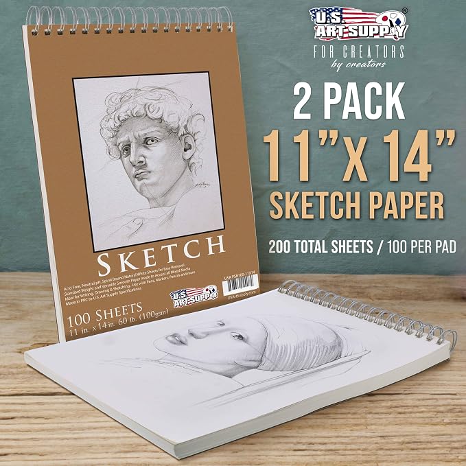 U.S. Art Supply 11"x14" Top Spiral Bound Sketch Book,100 Sheets Each 2-Pack | 60lb (100gsm), Acid-Free, Artist Sketchbook, Drawing Pad for Adults & Students