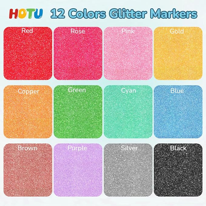 HOTU Glitter Markers Pens, 12 Sparkly Colors, 0.7mm Fine Tip for Coloring