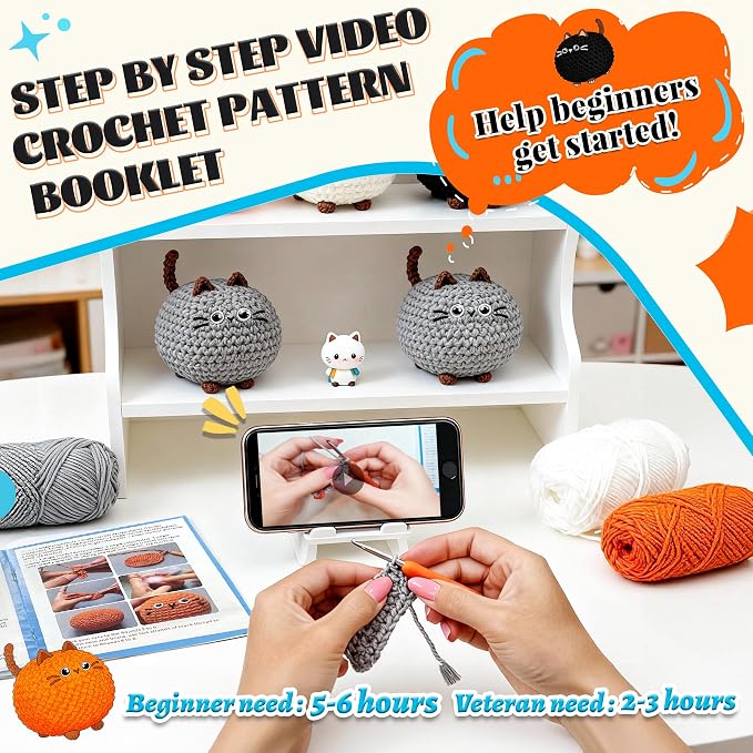 Joyclub Crochet Kit for Beginners 4 Cat Family with Video for Adults | Step-by-step video and 40% extra yarn support first projects for crochet starter; a amigurumi DIY gift for adult crafters