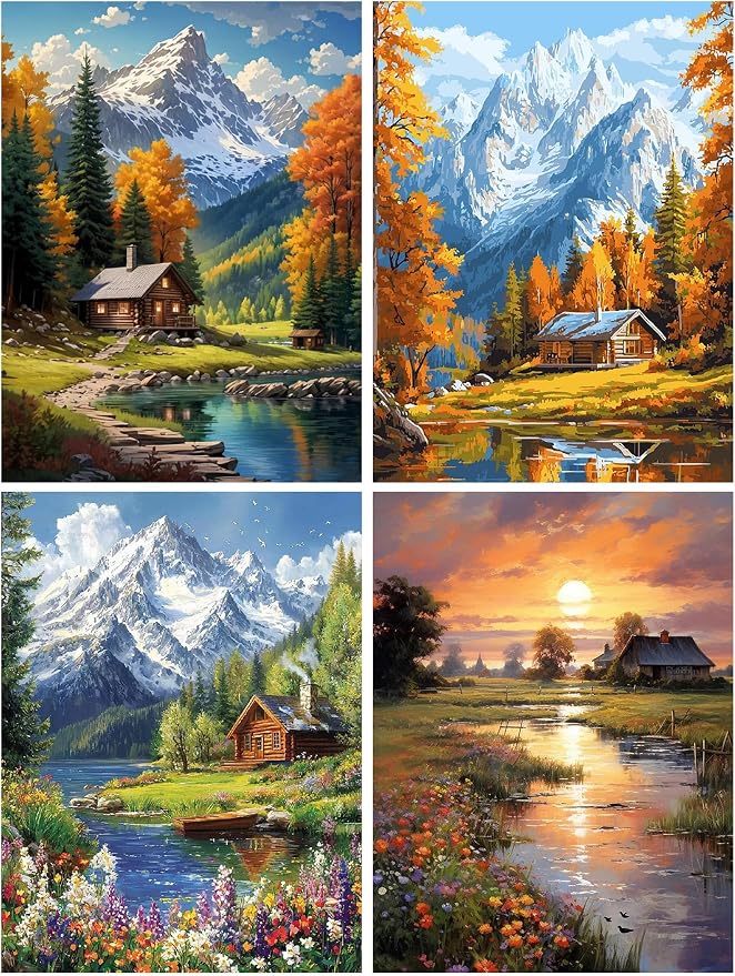 4 Pack Paint by Numbers Kit for Adults, Landscape Paint by Numbers Kits | Mountain Cabin Paint by Numbers for Adults, DIY Easy Painting by Numbers for Adults Beginners Wall Art Decor Gifts 12x16 Inch