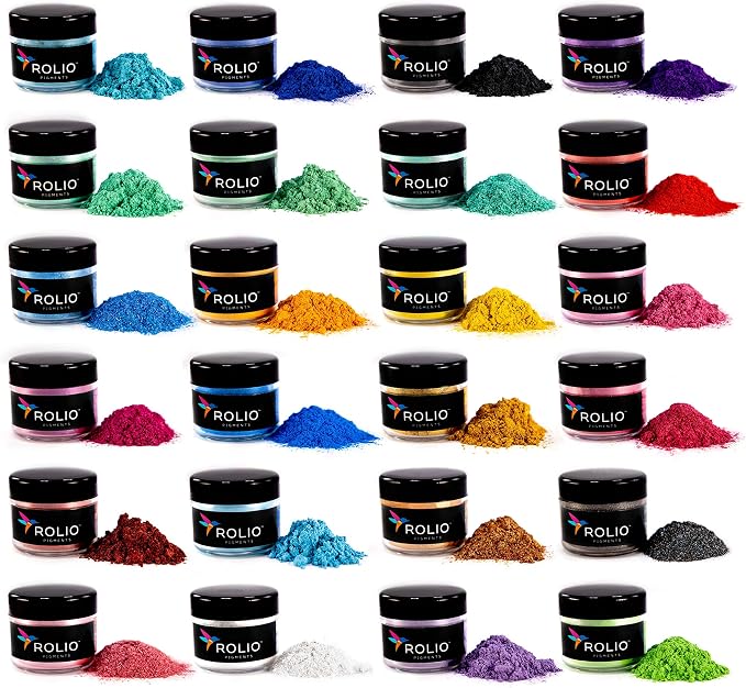 Rolio Premium Mica Powder Pearlescent Set -10g, 24 Jars (Original Set) | Pearlescent Color Pigments, Resealable Jars for Epoxy Resin, Soap Making, Candles, Slime, Nail Art, and DIY Crafts