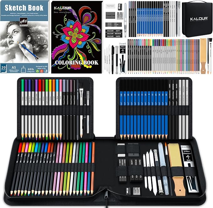 KALOUR 82 Pack Drawing Sketching Kit, Pro Art Supplies with Sketchbook, Include Tutorial,Colored, Graphite, Charcoal, Watercolor,Metallic & Pastel Pencils, Drawing Set for Adults Teens Beginner