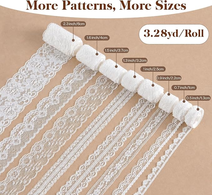 ilauke White Lace Ribbon, 8 Rolls Vintage Lace Trims 0.5 to 2.36 inch Width