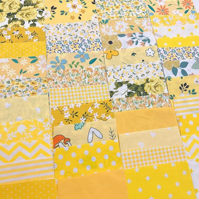 Cotton Fabric DIY Making Supplies Quilting Patchwork Fabric Fat Quarter Bundles DIY for Quilting Cotton Patchwork Cushions (42pcs Yellow, 9.8" x 9.8")