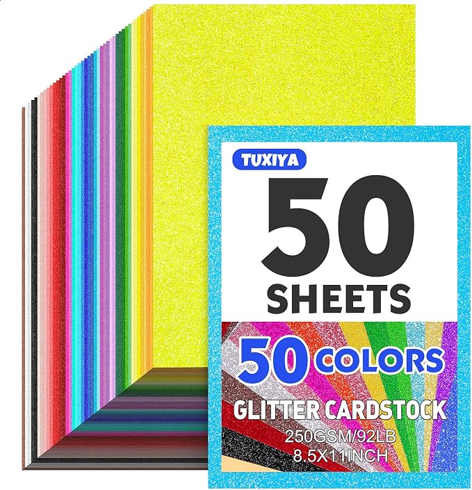 TUXIYA 50 Sheets 8.5" X 11" Glitter Cardstock,50 Colors 250GSM Card stock
