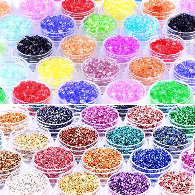 48 Box Crushed Glass Craft Glitter Fine for Resin Art, Small Broken Glass Pieces Irregular Metallic Crystal Chips Chunky Flakes Sequins for Nail Arts DIY Vase Filler Epoxy Jewelry Making Decoration