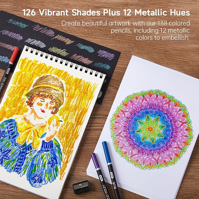 Shuttle Art 138 Colored Pencils for Adults, Soft Core Coloring Pencils Set with 1 Coloring Book,1 Sketch Pad, 4 Sharpener, 2 Pencil Extender, Perfect for Artists Kids Adults, Drawing
