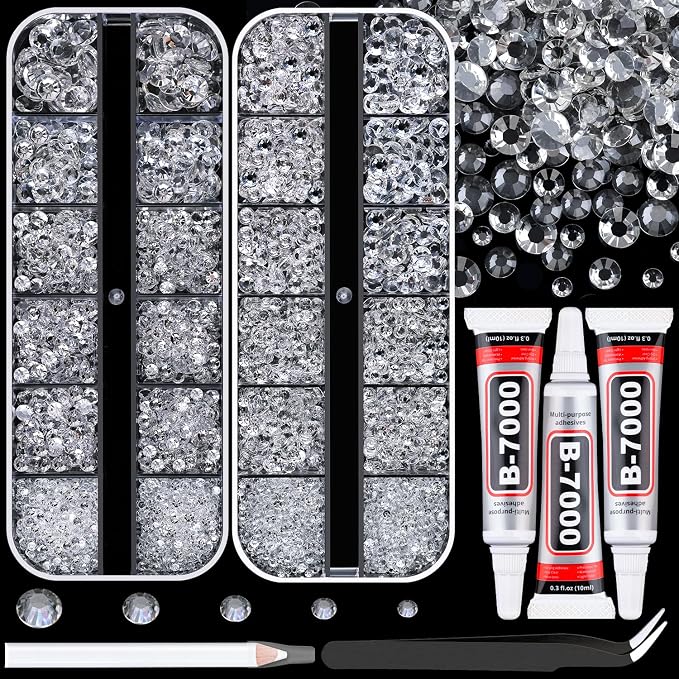 12100Pcs Resin Rhinestones for Crafting with 3Pcs 10ml B7000 Jewelry Glue, 2 Boxes Flatback Crystals Diamond (Transparent) for Bedazzling Crafts DIY Nail Art，Non Hotfix Gems for Clothing Shoes