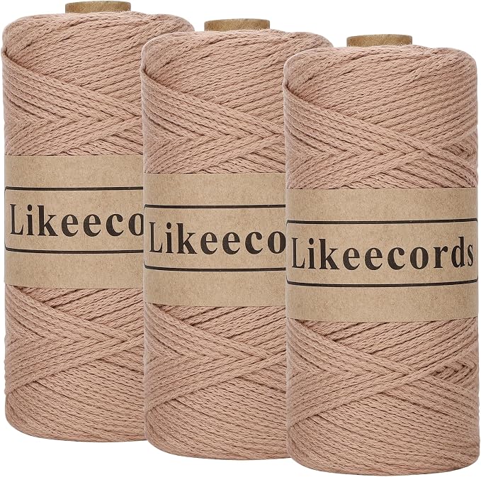 Likeecords 100% Cotton Crochet Yarn for Bag,3 Rolls/Pack 2mm x 510m,Macrame Cord,Chunky Yarn for Crocheting Handbag, Purse,Blankets Crafts Projects (Coffee)