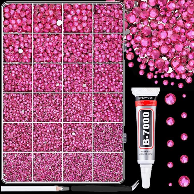 25000Pcs Resin Rhinestones for Crafting, Hot Pink 2-6mm Mixed Sizes Non Hotfix Flatback Gems with 1Pcs Glue, Bedazzling Crystal for DIY Craft Clothing Mugs Tumblers Shoes Fabric Decor Nail Art
