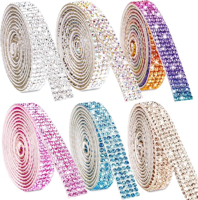 NiArt Self Adhesive Crystal Rhinestone Diamond Ribbon 6 Rolls, 0.9cm Wide Total 6 Yards Multi-Functional DIY Decorative Bling Gemstone Arts Crafts Sticker Tapes Glitter Shoes Clothes (Assorted Colors)