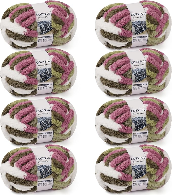 Cozyful Chunky Yarn for Hand Knitting - #10 Chunky Chenille Blanket Yarn, Jumbo Big Thick Chunky Yarns for Crocheting, Tie Dye Bulky Knit Yarns, 8 Skein (20 yds 8 oz Each Skein), Multi Green&Plum