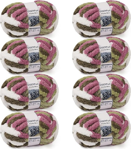 Cozyful Chunky Yarn for Hand Knitting - #10 Chunky Chenille Blanket Yarn, Jumbo Big Thick Chunky Yarns for Crocheting, Tie Dye Bulky Knit Yarns, 8 Skein (20 yds 8 oz Each Skein), Multi Green&Plum