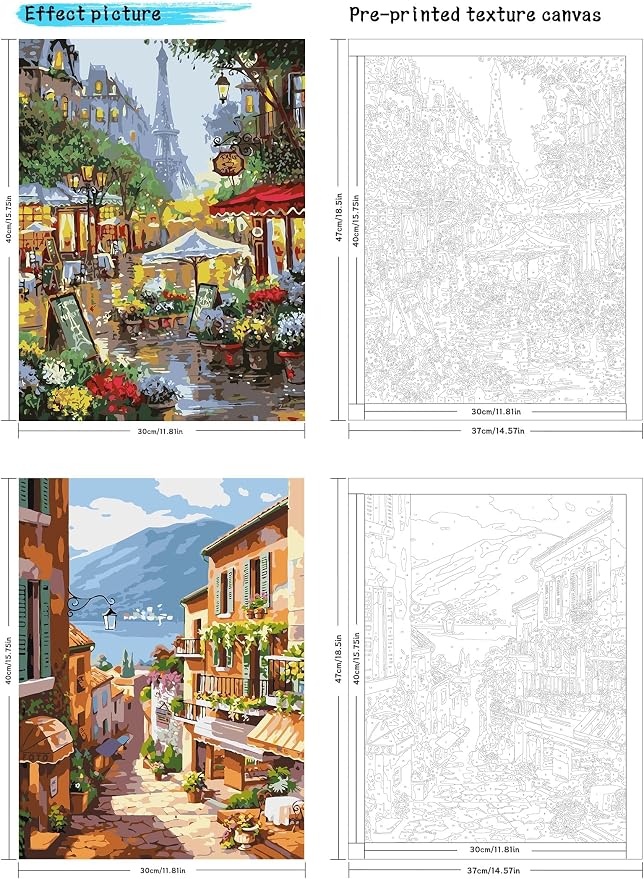 QUITEDEW 2 Pack Adult Paint by Numbers Kit in Colorful Box,11.8x15.7Inch | Paint by Number Kit for Adults,Adult Paint by Numbers,Town Oil Painting for Adults Garden Art Crafts for Home Decor