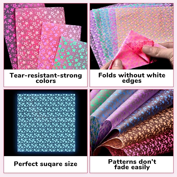 JoyCat Deep Glow in the Dark Origami Paper, 50 Sheets, 6x6 Inch | Deep luminous colors charge under light and glow in the dark for stars, night scenes, party decor and creative paper crafts.