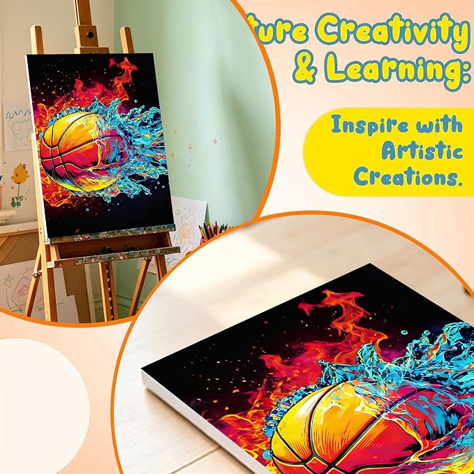 Basketball Paint by Numbers Kit for Kids with Framed Canvas - Wooden Easel | Ball Sports Paint by Numbers for Kids Ages 8-12, Acrylic Oil Painting Kits with Nice Gift Box for Wall Decor (12x8 inch)