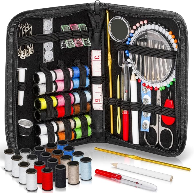 142-Piece Travel Sewing Kit for Adults & Kids, Small Needle & Thread Kit | Mini Emergency Repair Sewing Kit, Beginner Set with Multicolor Thread, Needles, Scissors, Thimble, Clips & Travel Case