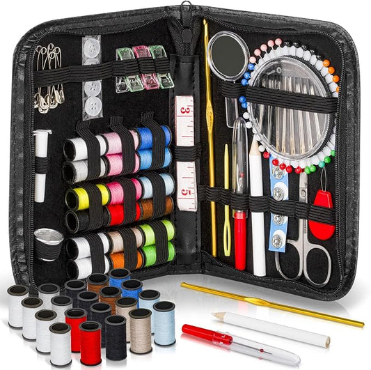 142-Piece Travel Sewing Kit for Adults & Kids, Small Needle & Thread Kit | Mini Emergency Repair Sewing Kit, Beginner Set with Multicolor Thread, Needles, Scissors, Thimble, Clips & Travel Case
