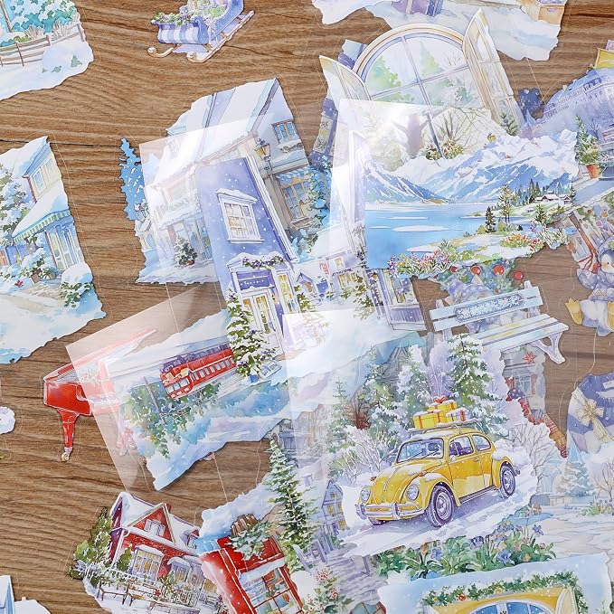 PET Winter Landscape Stickers 20 Sheets 150 Pre-Cut Stickers for Scrapbooking Scrapbook Supplies Transparent Sticker for journaling