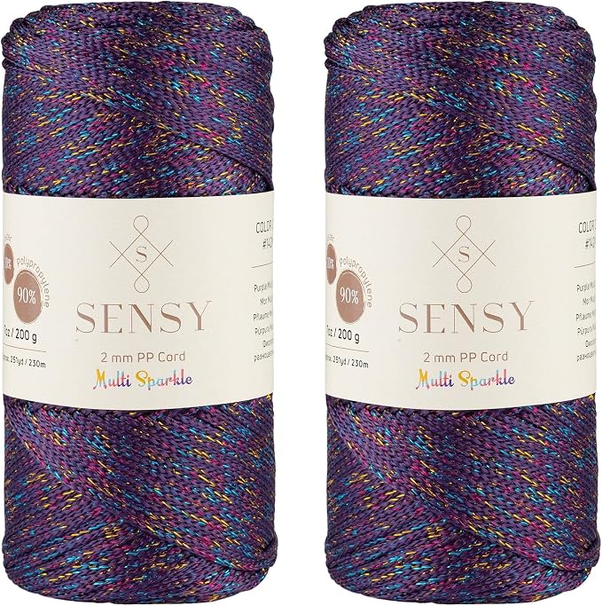 2 Pack of Sensy Premium 2mm 251 Yards Sparkle Polyester Rope 90% Polypropylene 10% Polyester Cord Macrame Cord 2mm Crochet Bag Cord Macrame Rope Crochet Thread for Knitter (Purple Multi Sparkle)