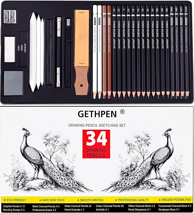 GETHPEN Drawing Sketching Pencil Set, 34 Piece, Graphite Pencils (14B-4H) | Art Pencil Kit with Black and White Colour Charcoal Pencils,Charcoal Sticks,Stumps,Eraser, Sharpeners,Sketch Set for Artists