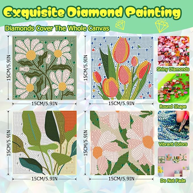 ICYANART 4 Pack Flowers Diamond Art Painting Kits for Kids Simple 6x6Inch | Flowers Diamond Art Kits for Kids Ages 4-8-12, Small Diamond Art Kits for Kids, Arts and Crafts for Kids Ages 8-12 (no Frame)